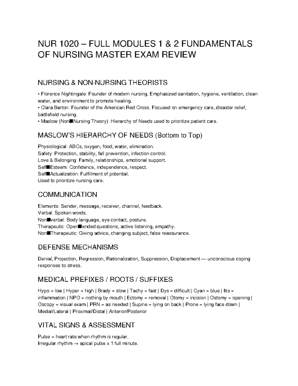 NUR 1020 Full Modules 1 & 2 Nursing Fundamentals Master Exam Review ...