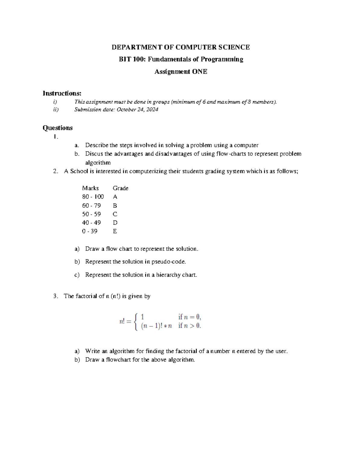 BIT 100 Assignment 1 - DEPARTMENT OF COMPUTER SCIENCE BIT 100 ...
