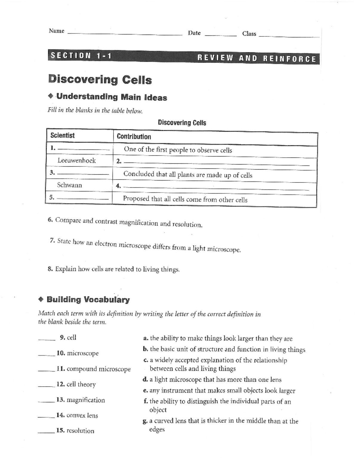 Julio Santana - Discovering Cells - Name Date Class SECTION 1 1 REVIEW ...