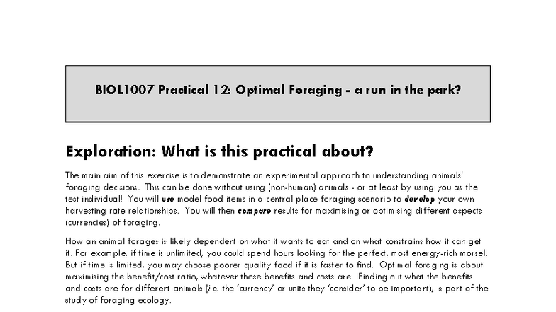 BIOL1007 Practical 12: Optimal Foraging Notes for 2025 - Studocu