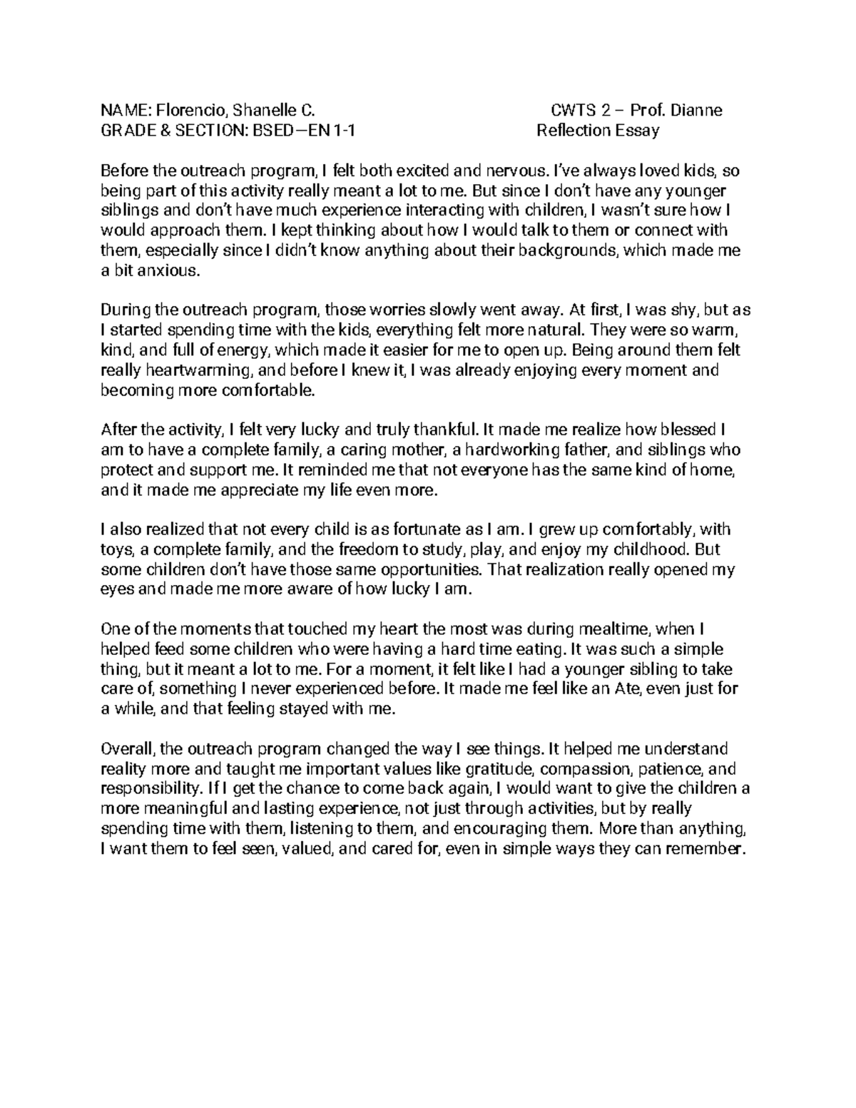 CWTS 2 Reflection Essay: Insights from the Outreach Program - Studocu