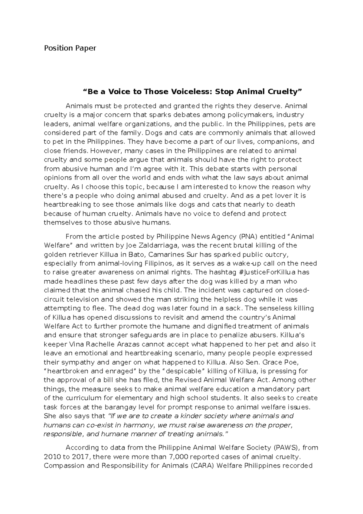 Position Paper: Addressing Animal Cruelty and Promoting Welfare - Studocu