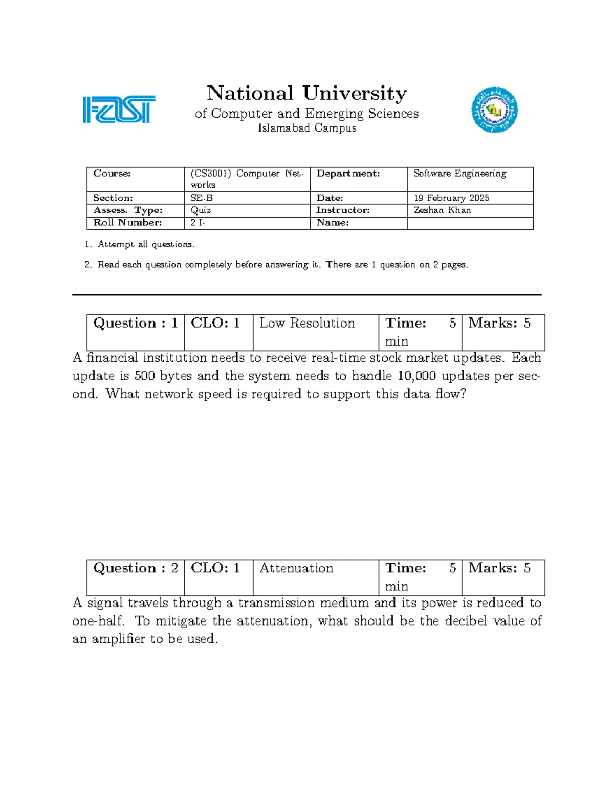 CS3001 Quiz 2 - Computer Networks Questions & Solutions - Studocu