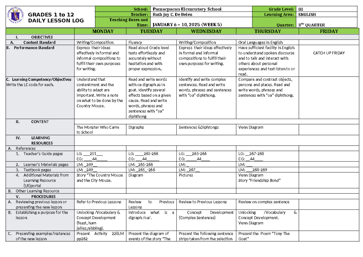 DLL English 3 Q3 W5 - ENG SEC - GRADES 1 to 12 DAILY LESSON LOG School ...