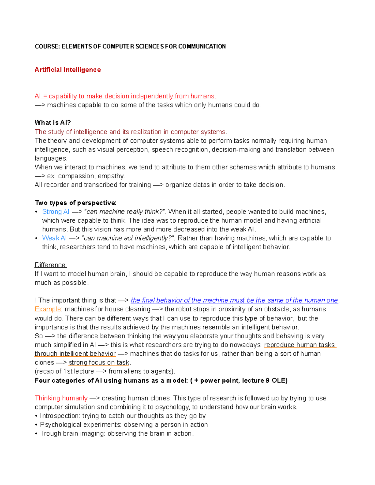 Artificial Intelligence - COURSE: ELEMENTS OF COMPUTER SCIENCES FOR ...