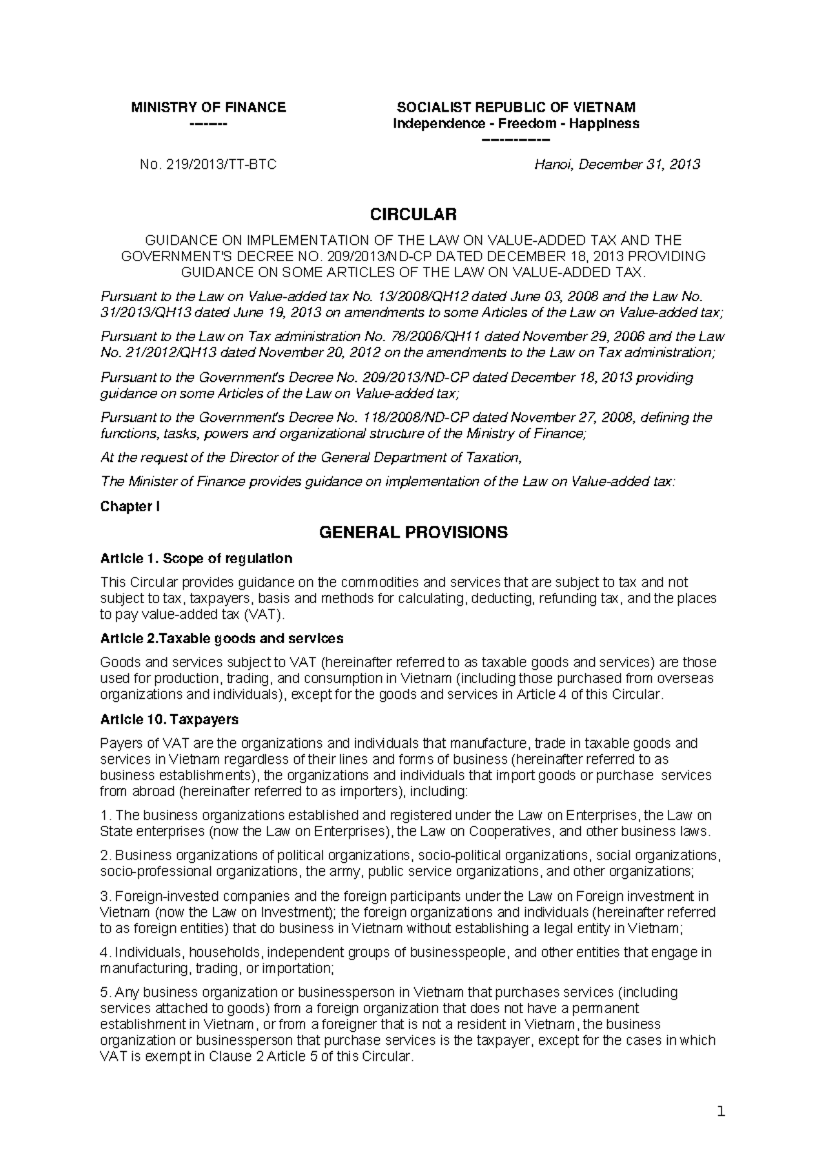 Vietnam Circular 219/2013/TT-BTC: VAT Implementation Guidance - Studocu