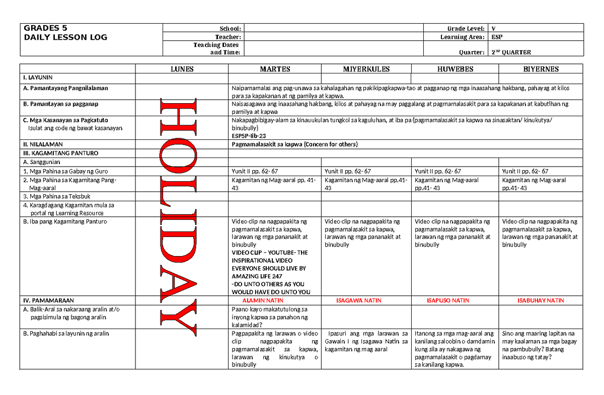 DLL ESP 5 Q2 W2 - Daily Lesson Log on Concern for Others - Studocu