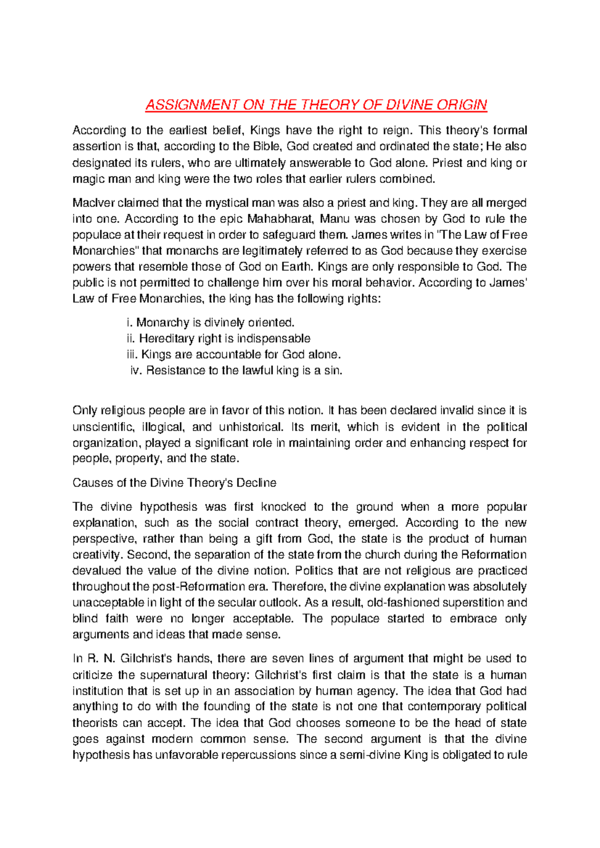 Assignment on the Theory of Divine Origin: Concepts & Critiques - Studocu