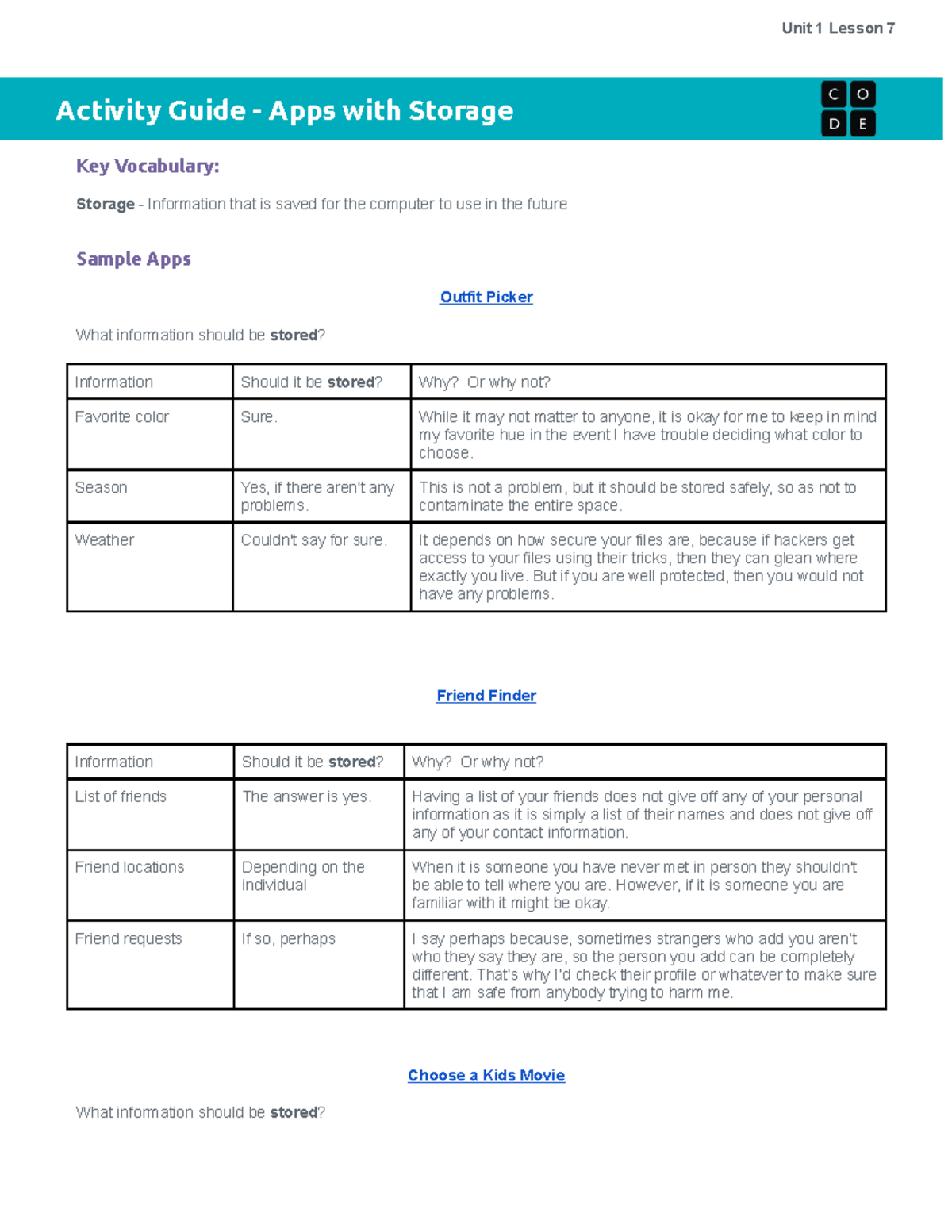CSD Unit 1 Lesson 7: Activity Guide on Apps & Data Storage - Studocu