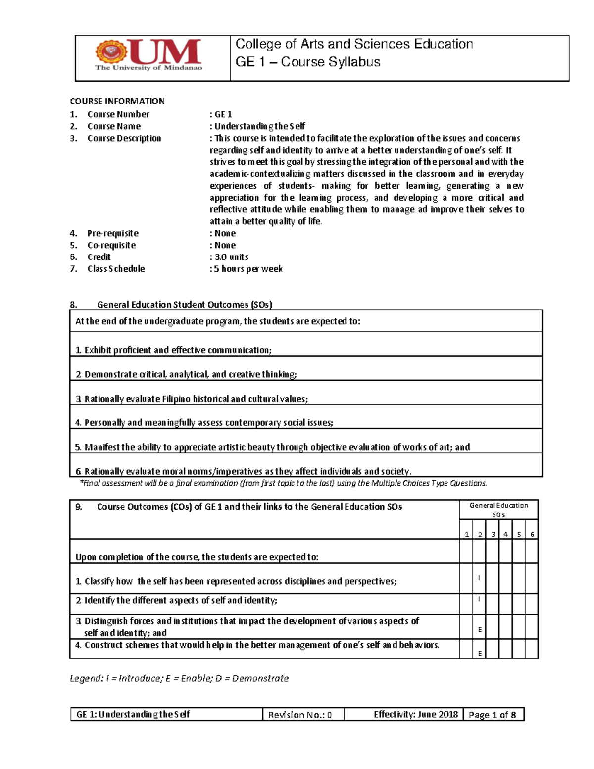 GE1 Course Syllabus: Understanding the Self and Final Exam Details ...
