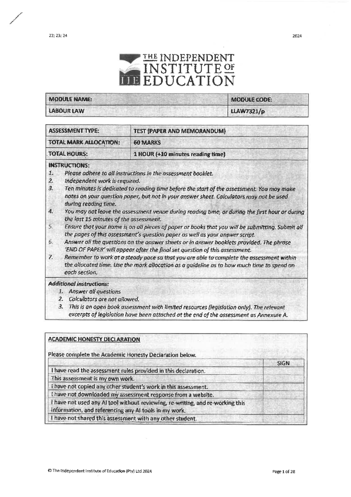 2024 LLAW7321 LABOUR LAW TEST 2: ASSESSMENT GUIDELINES & QUESTIONS ...