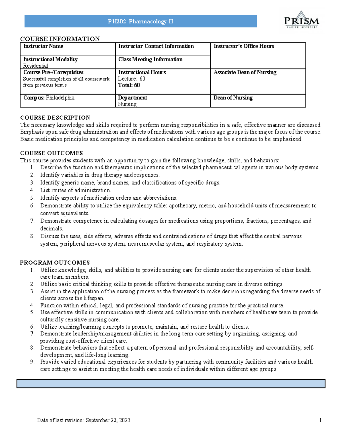PH202 Pharmacology II Syllabus and Course Overview (Philadelphia) - Studocu
