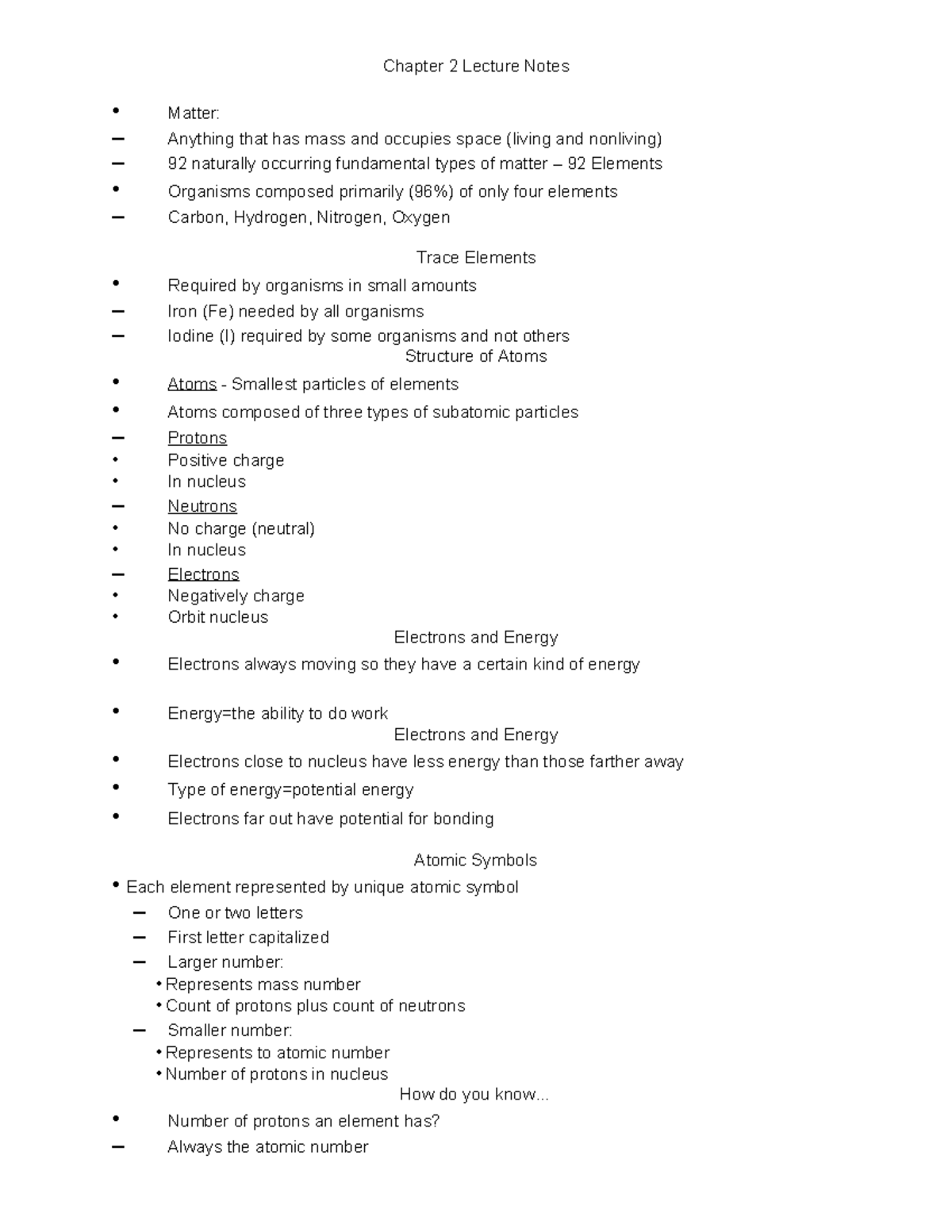 Chapter 2 Lecture Notes: Matter, Atoms, and Water (BIO 101) - Studocu