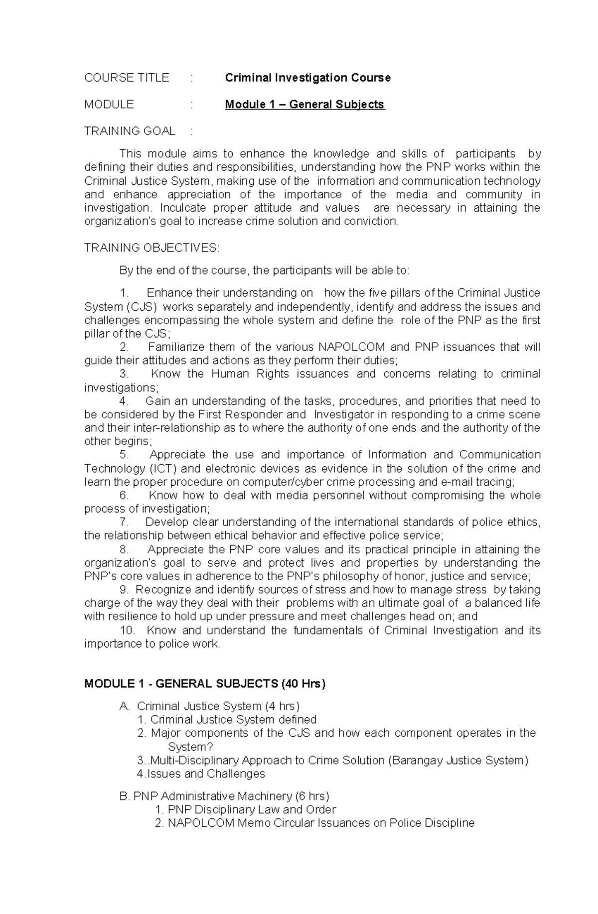 Lesson Plan CJS - Module 1: Foundations of Criminal Investigation - Studocu