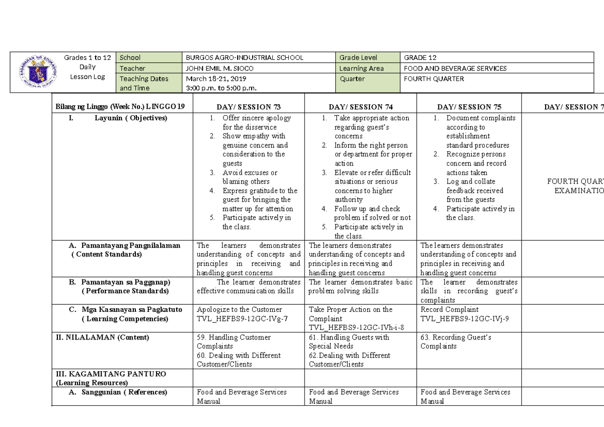 DLL-FBS Grade 12 Week 19 Lesson Log: Handling Guest Concerns - Studocu