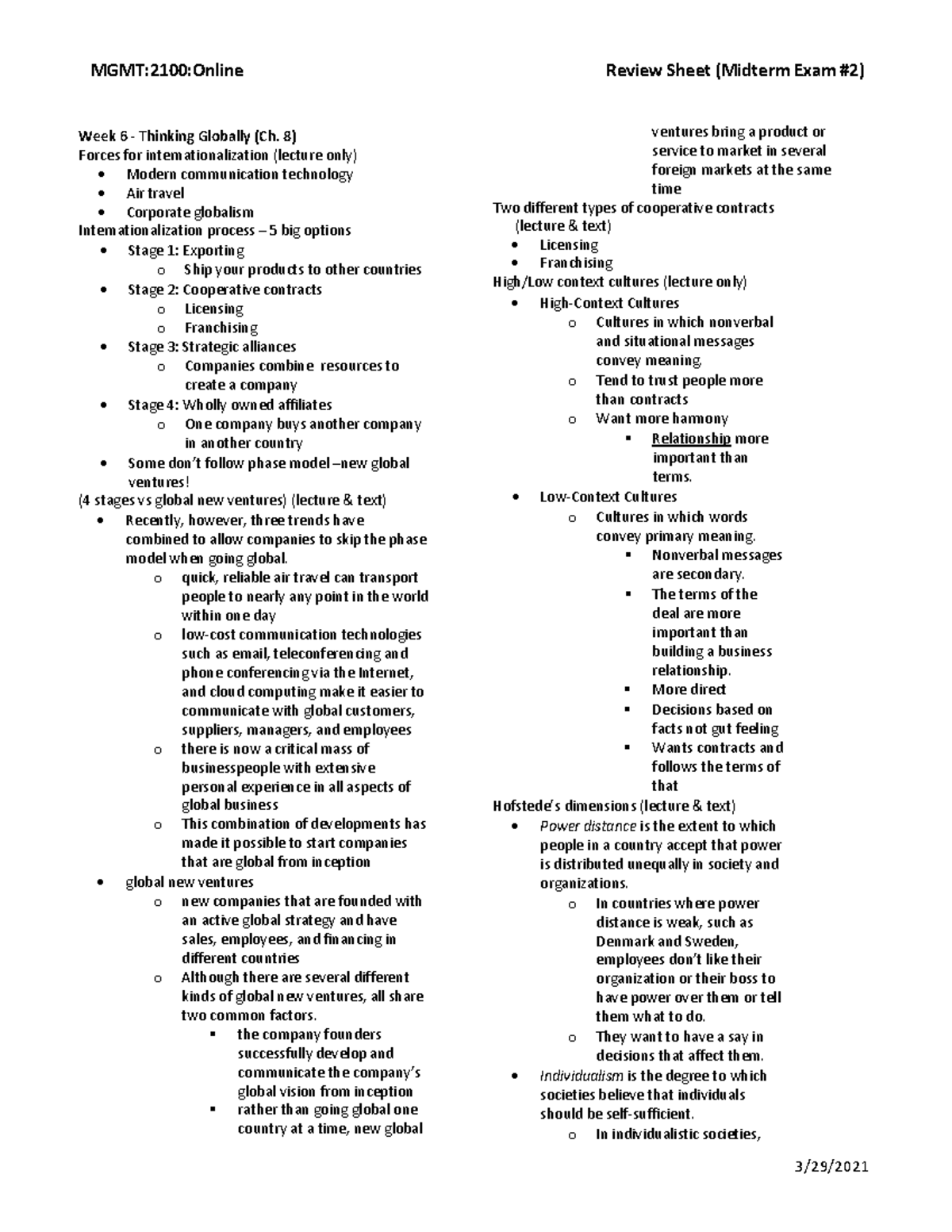 Review Sheet Midterm Exam 2 notes - Week 6 - Thinking Globally (Ch. 8 ...