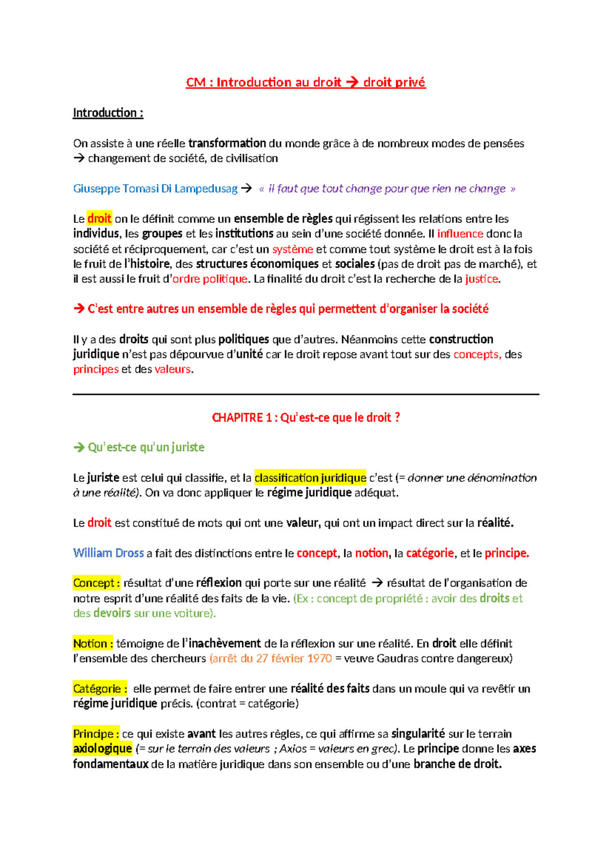 CM : Introduction au Droit Privé - Chapitre 1 et Évolutions - Studocu
