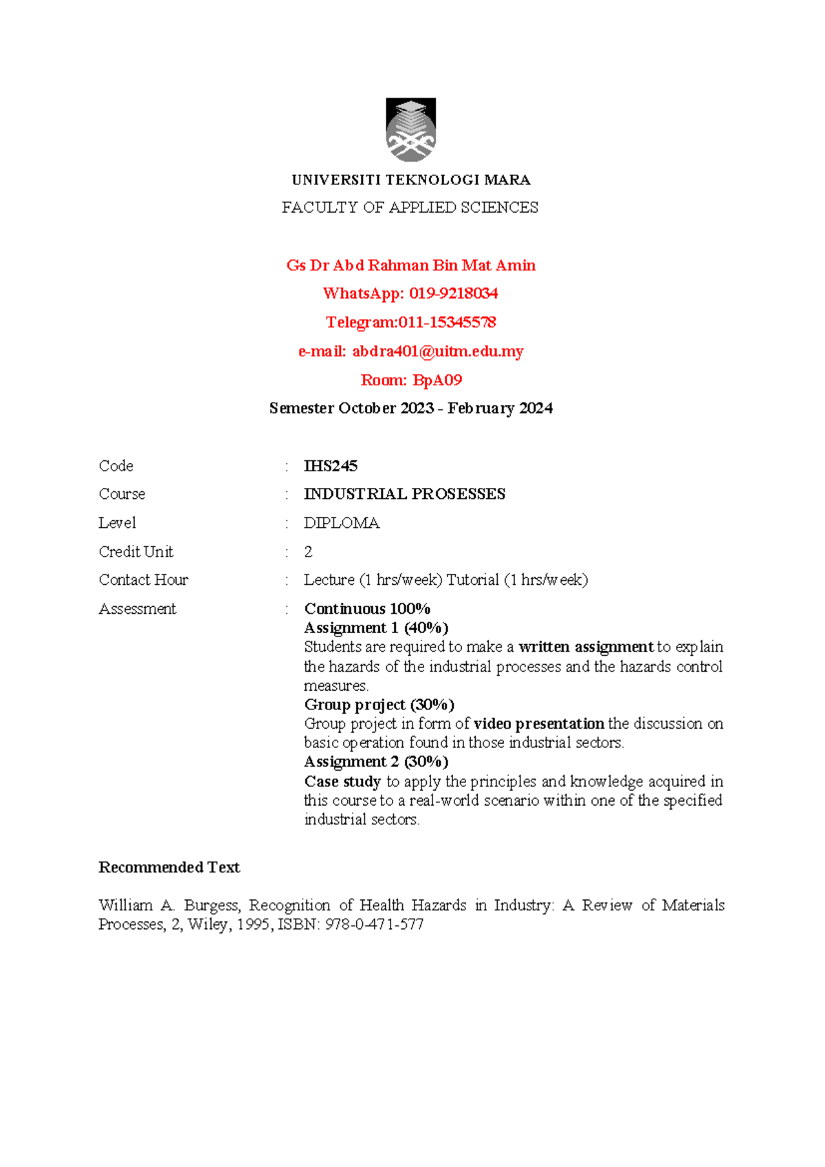 Lesson Plan for IHS245: Industrial Processes (Oct 2023 - Feb 2024 ...