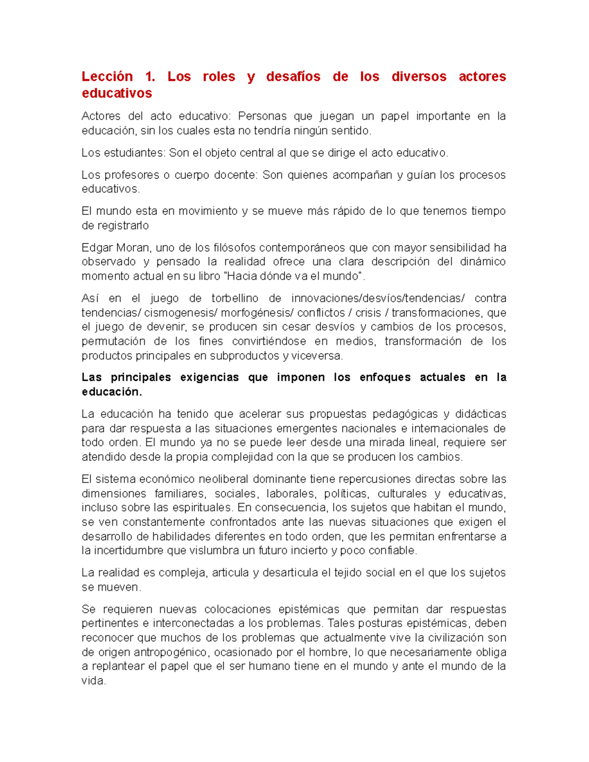 Lección 1: Roles y Desafíos de los Actores Educativos - Studocu