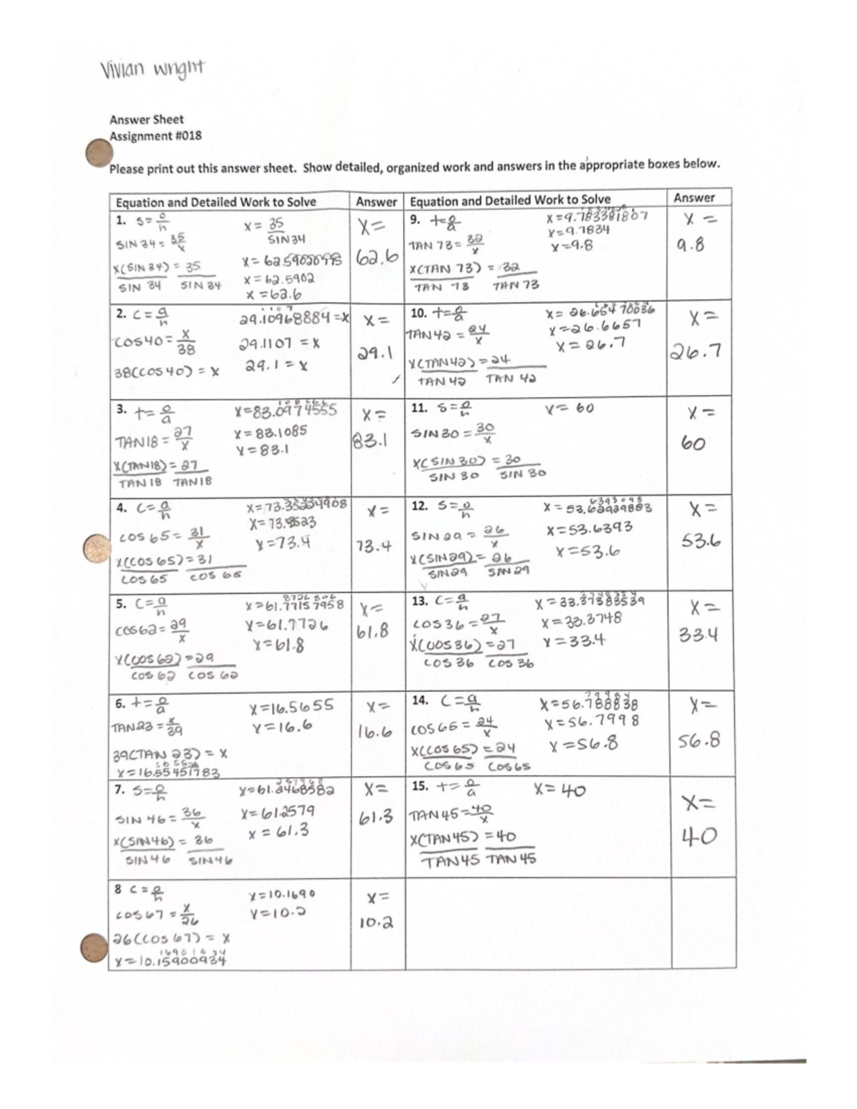 WNGIT Answer Sheet: Trigonometry Assignment Solutions - Studocu