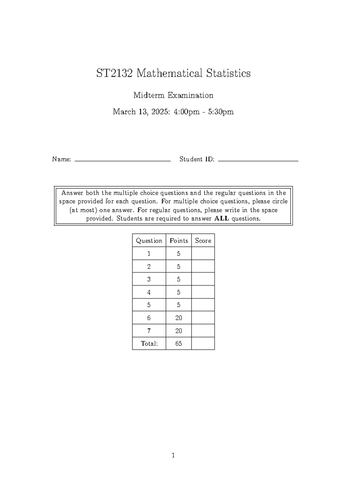 ST2132 Mathematical Statistics Midterm Exam Guide - Spring 2025 - Studocu