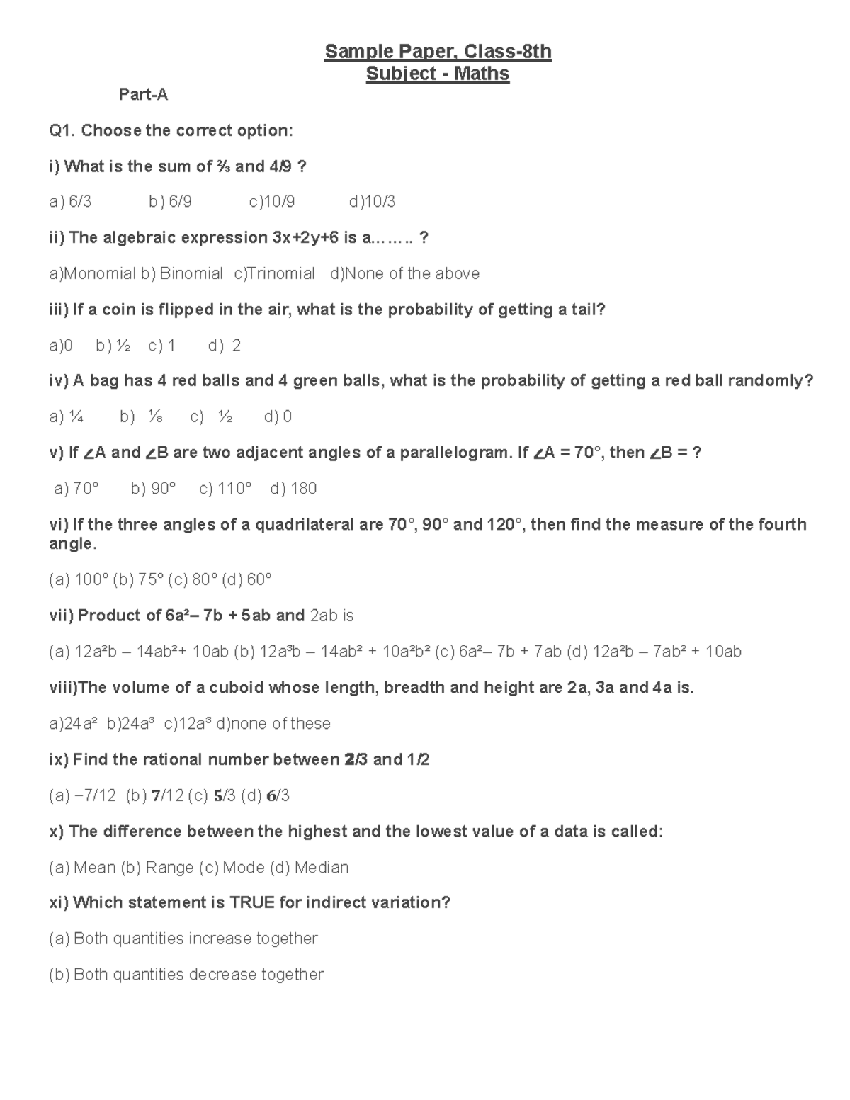 Annual Sample Paper, Class-8 Maths Q1: Multiple Choice Questions - Studocu