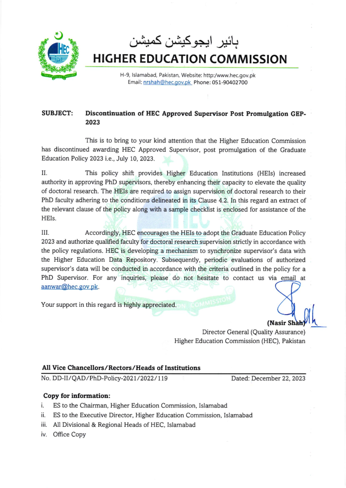 Notification on Discontinuation of HEC Approved Supervisor - GEP2023 ...