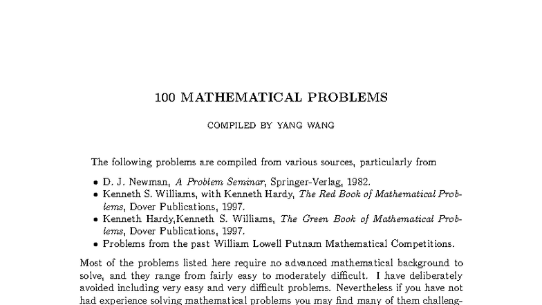 100 Mathematical Problems Compilation - Yang Wang - Studocu