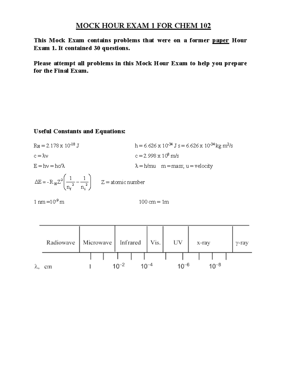 CHEM 102 Mock Hour Exam 1 - MOCK HOUR EXAM 1 FOR CHEM 102 This Mock ...