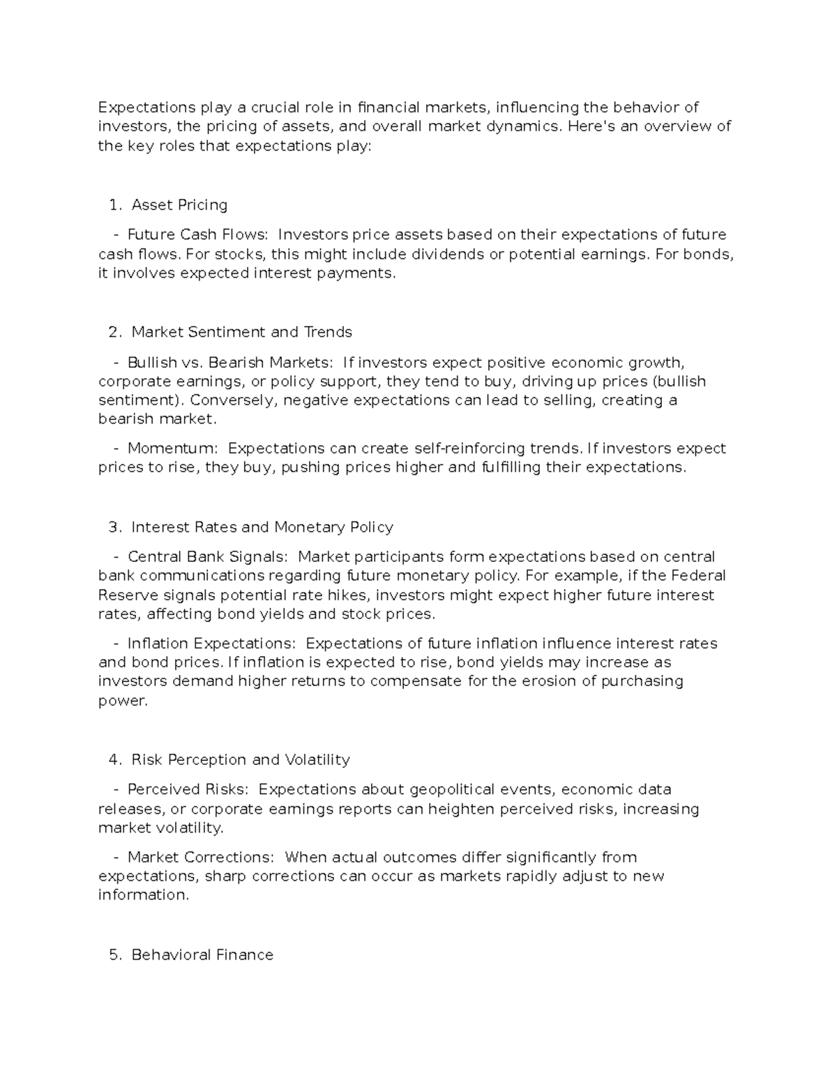 5-1. Role of expectation in financial markets - Expectations play a ...