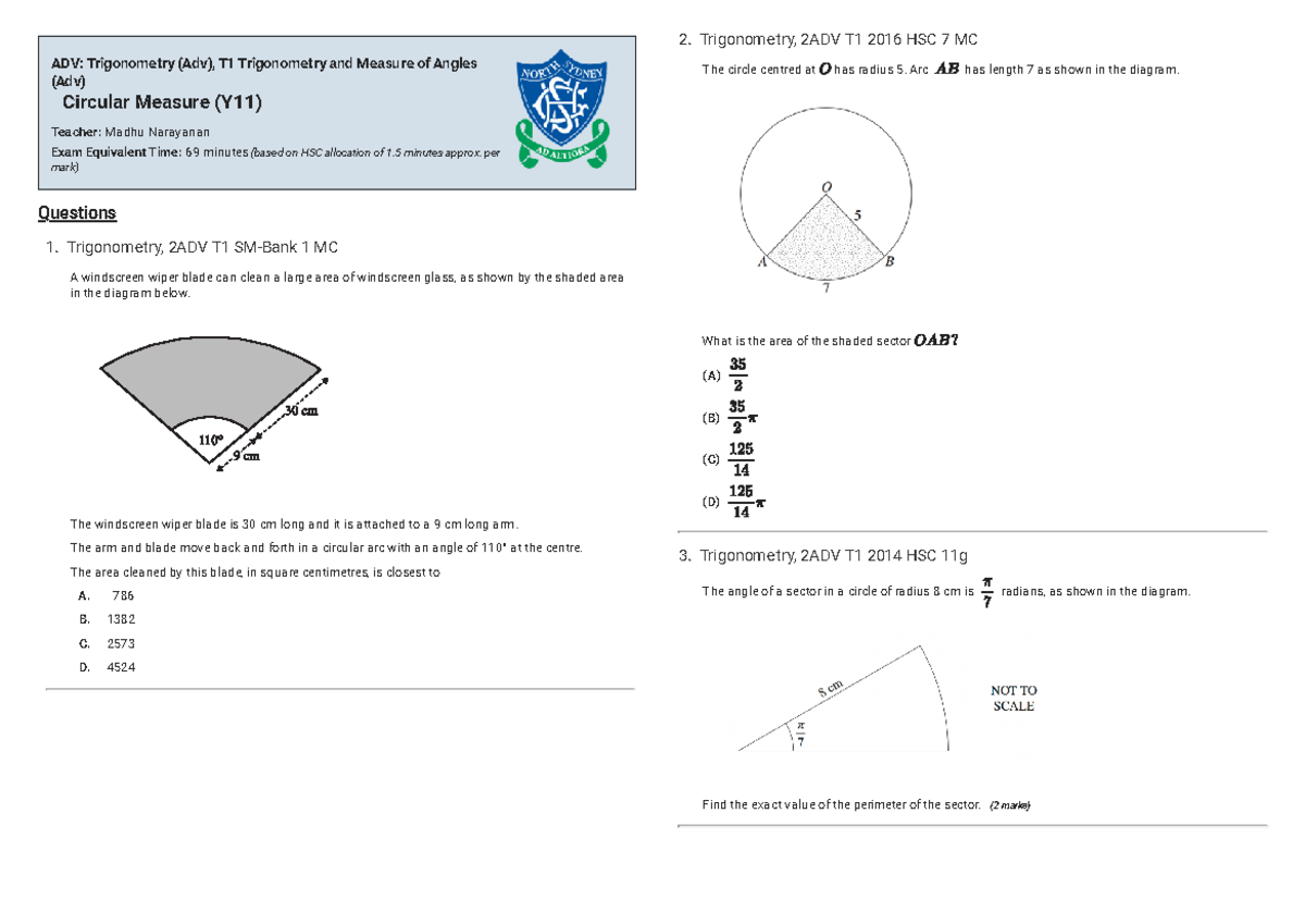 Circle measurement - 1. Trigonometry, 2ADV T1 SM-Bank 1 MC ADV ...