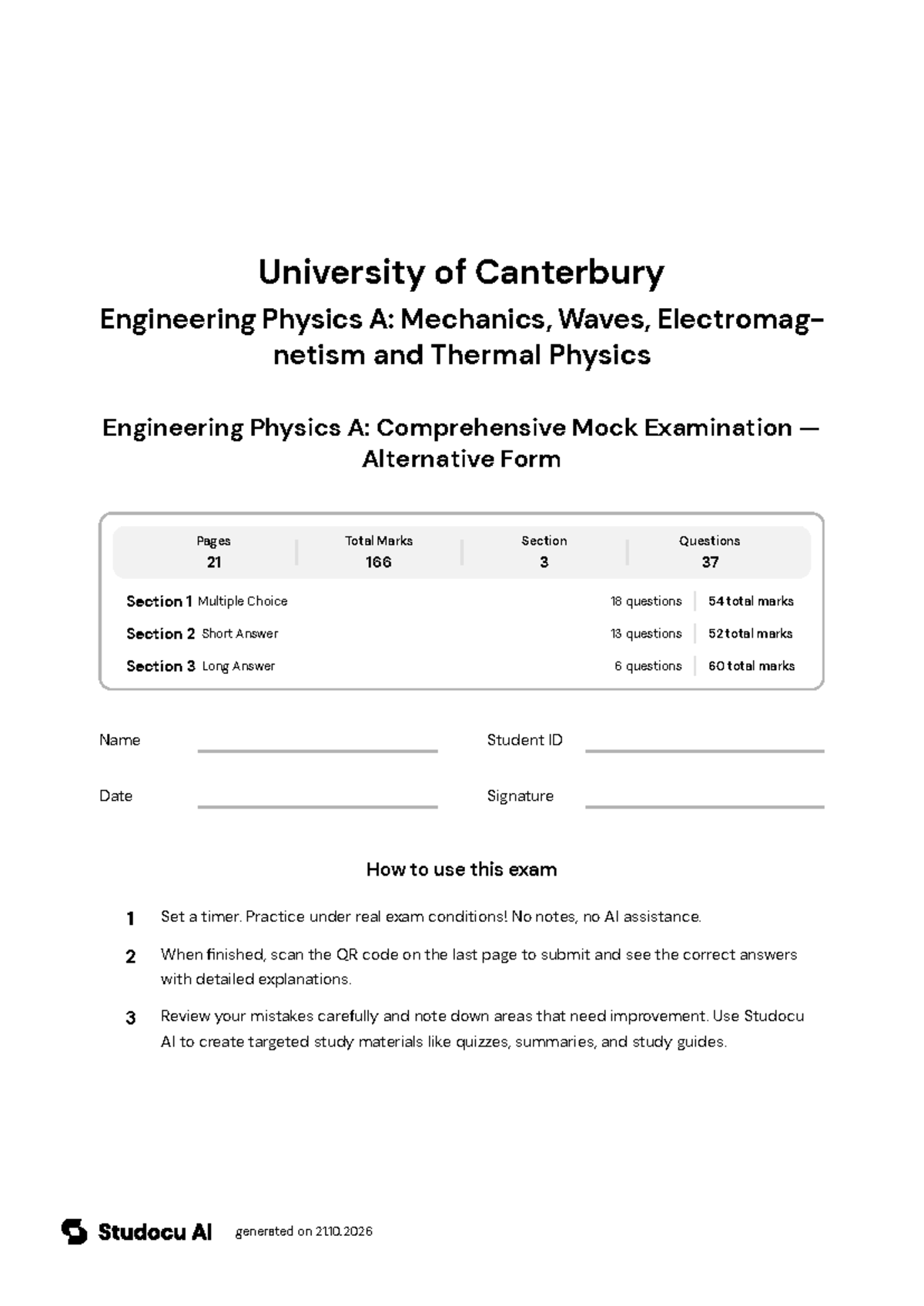 Engineering Physics A: Comprehensive Mock Exam - Alternative Form - Studocu