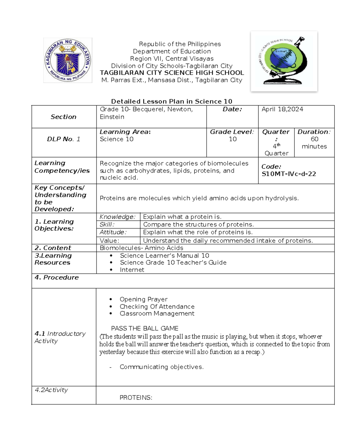 Detailed Lesson Plan in Science 10 (DLP) on Proteins and Biomolecules ...