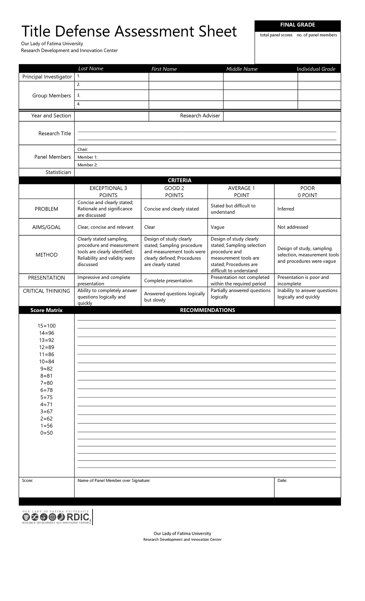 Title Defense Assessment Sheet - Our Lady of Fatima University - Studocu
