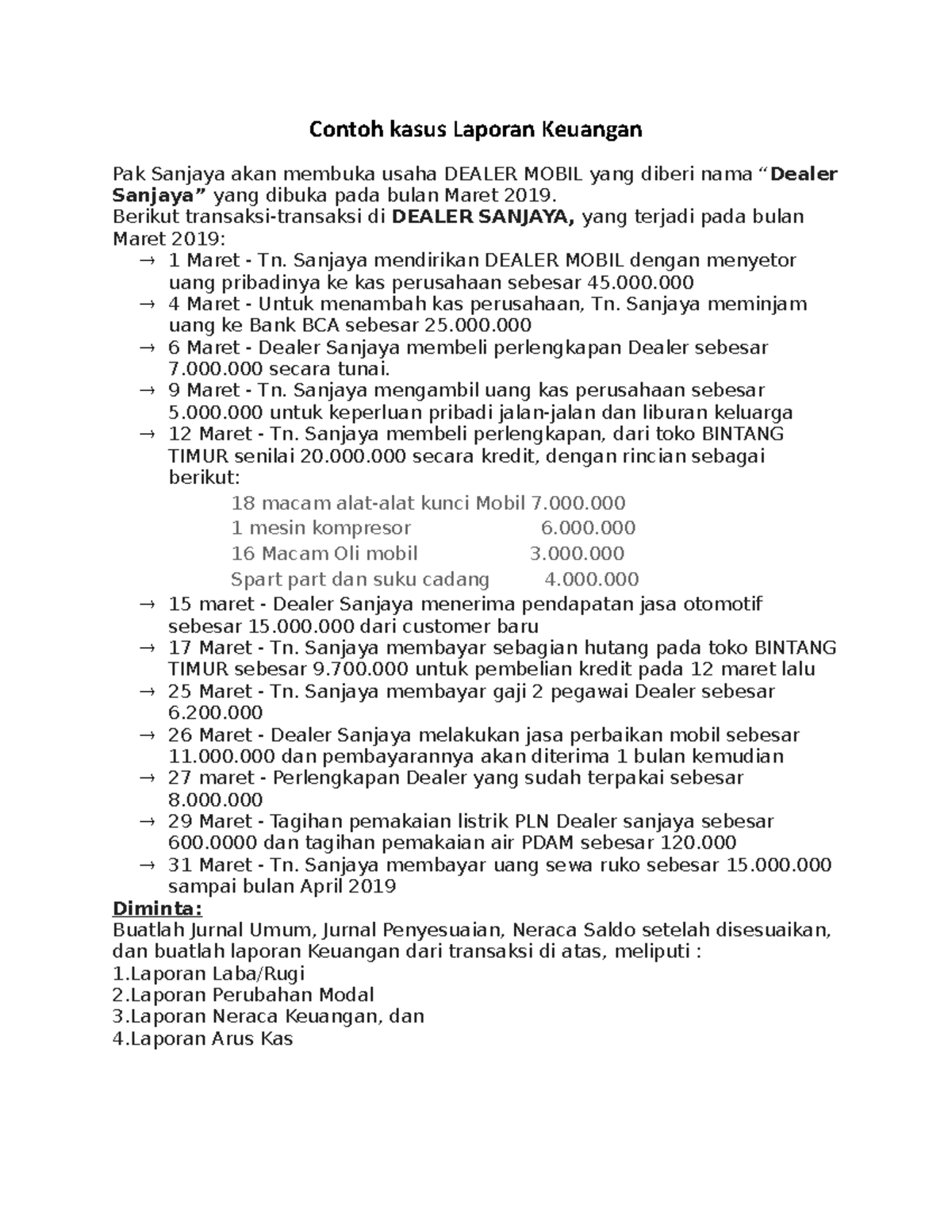 Contoh Kasus Laporan Keuangan Dealer Sanjaya - Maret 2019 - Document Preview