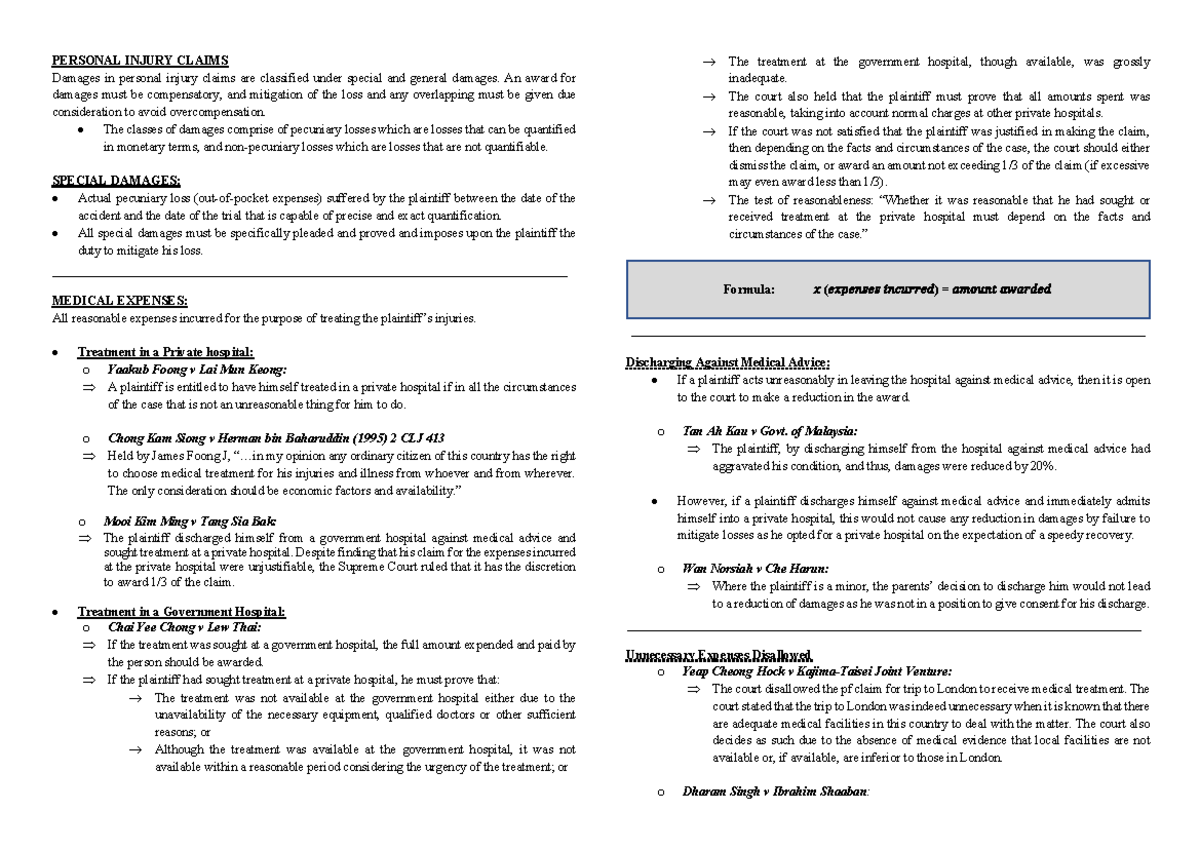 Personal Injury Claims Overview - SD:GD - Studocu