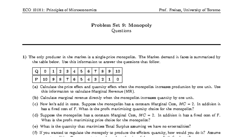 ECO 101H1: Microeconomics Problem Set 9 - Monopoly Analysis - Studocu