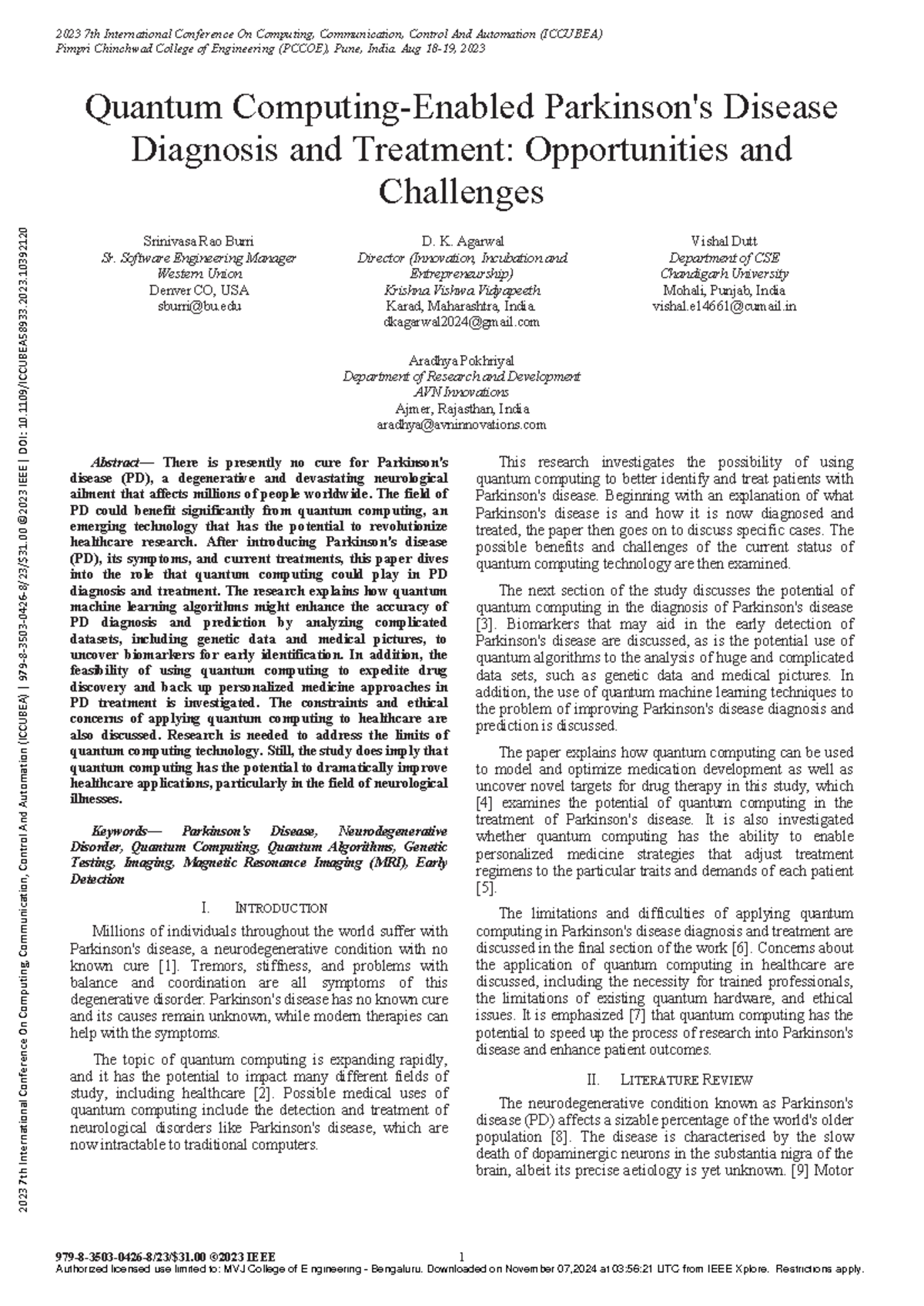Quantum Computing for PD Diagnosis & Treatment: Opportunities ...