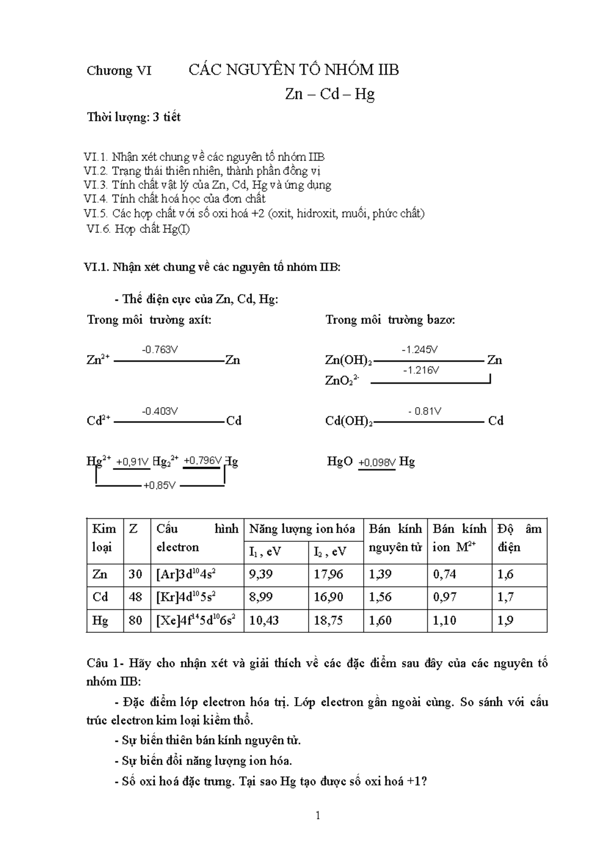 Chương VI: Các Nguyên Tố Nhóm IIB (Zn, Cd, Hg) - Tính Chất và Ứng Dụng - Document Preview