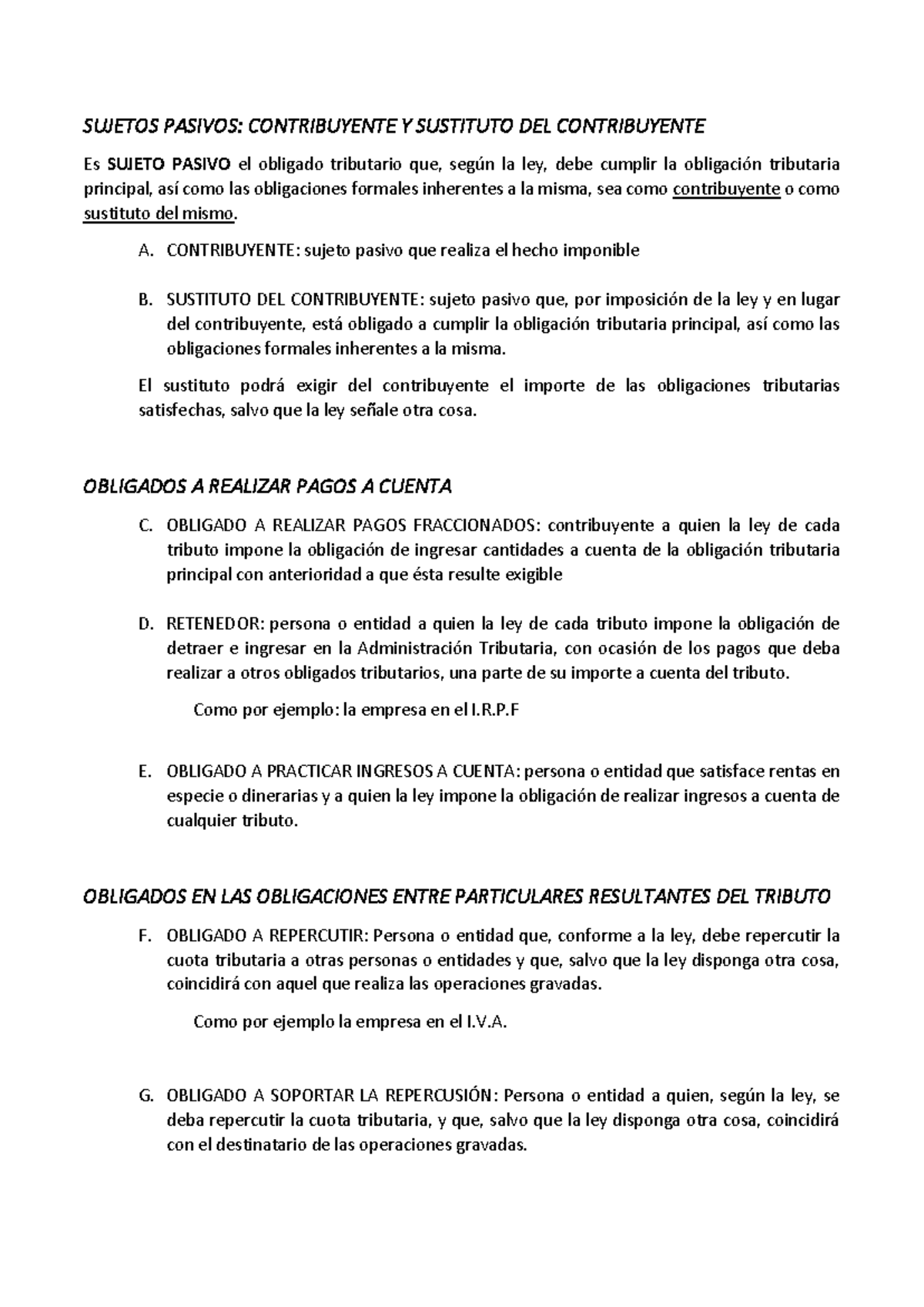 Clases DE Obligados Tributarios - SUJETOS PASIVOS: CONTRIBUYENTE Y ...