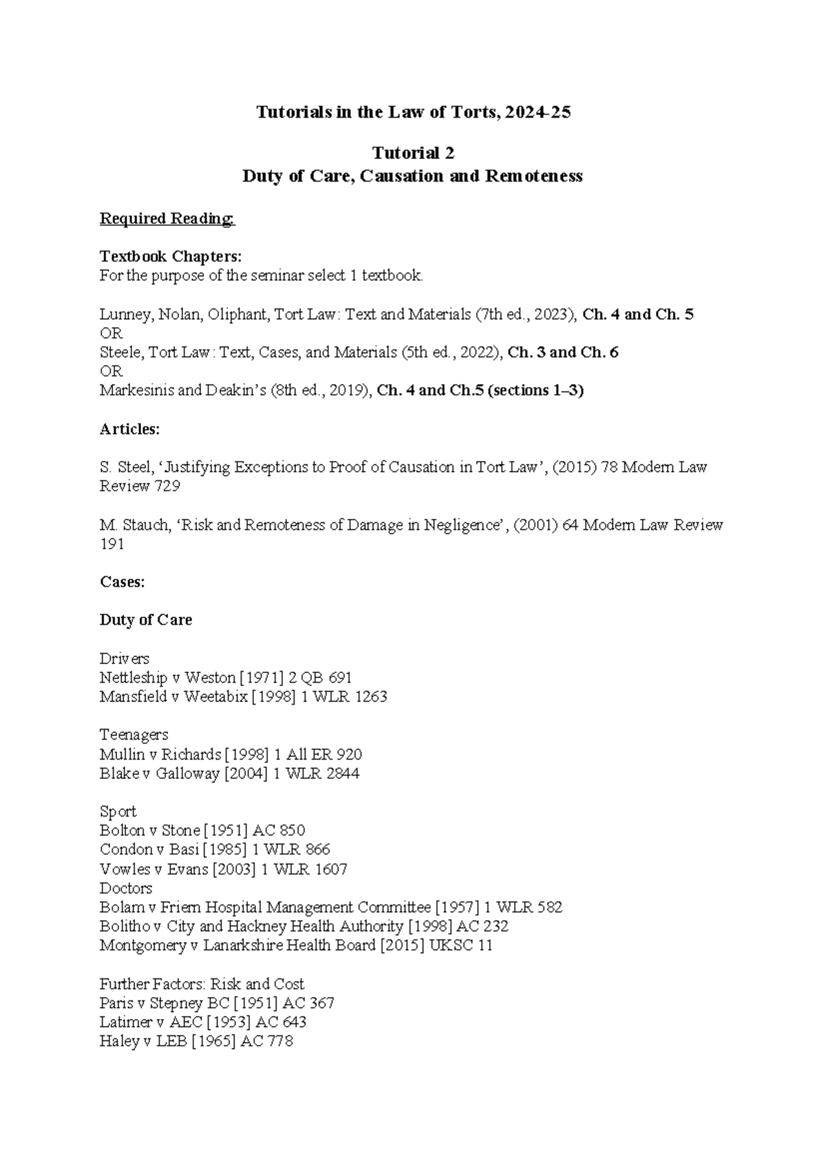 Tutorial 2: Duty of Care, Causation & Remoteness in Tort Law (LAW 101 ...