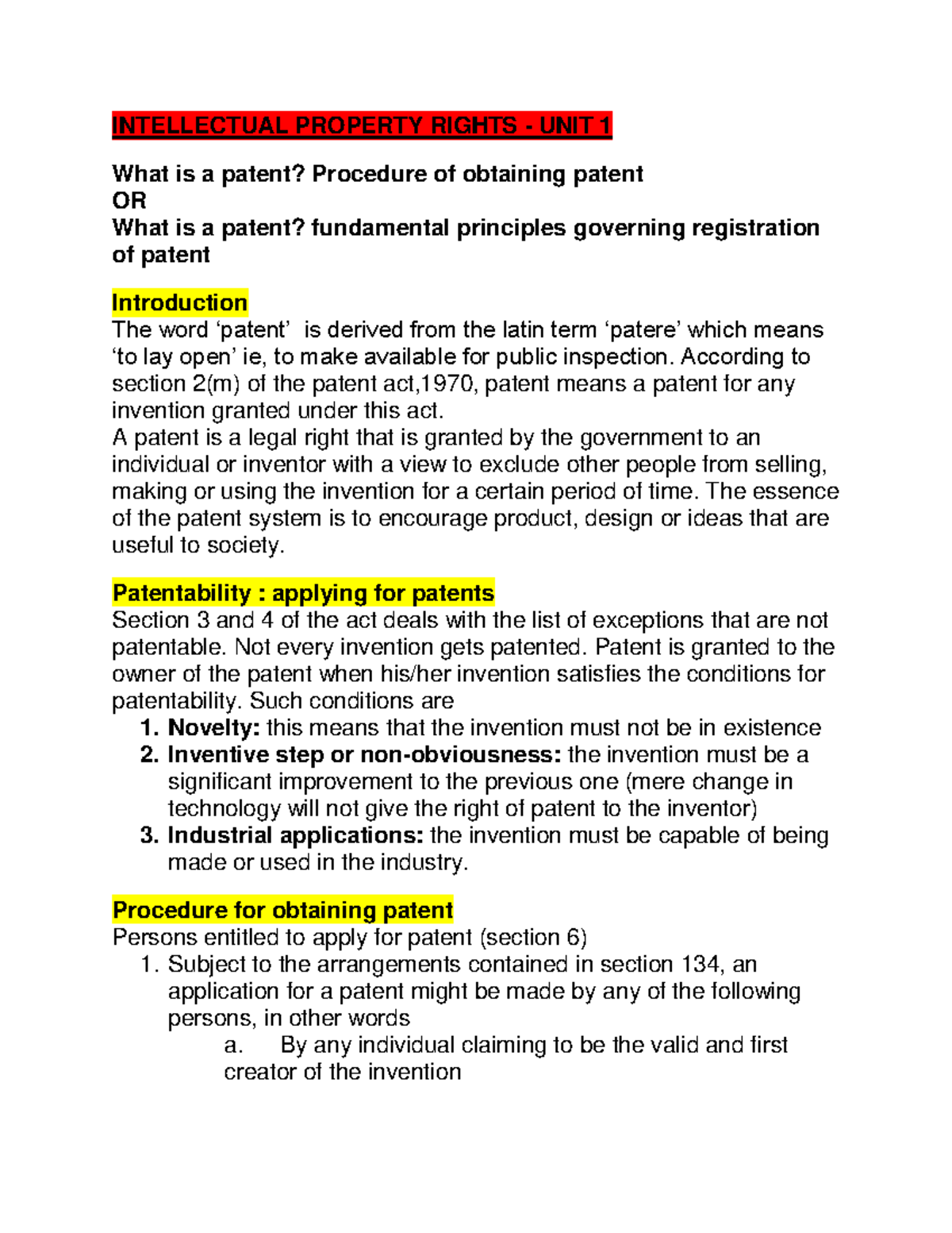 IPR patents - notes on patent for IPR-1 for Karnataka State Law ...