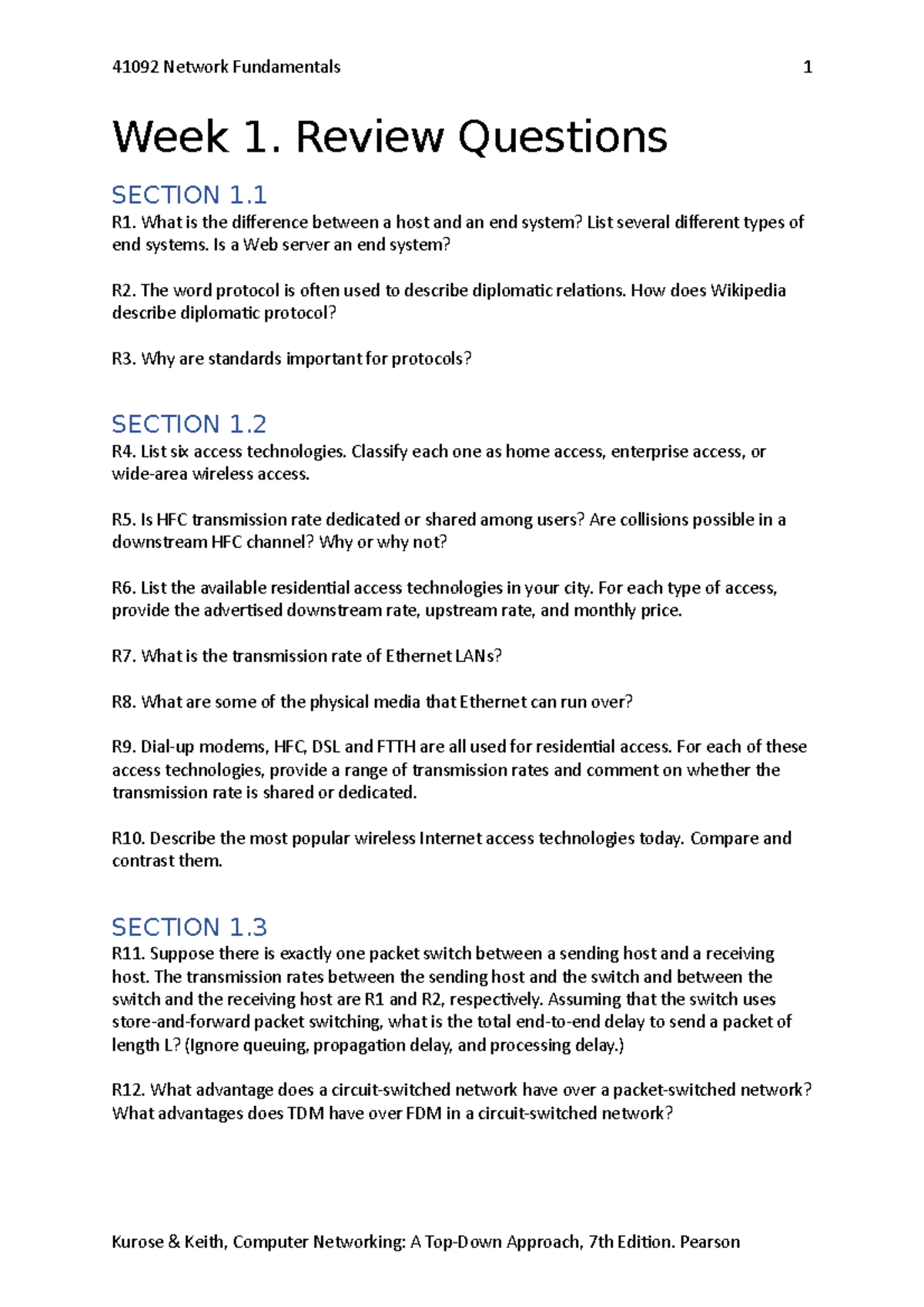 Week1-Review Question - 41092 Network Fundamentals Week 1. Review ...