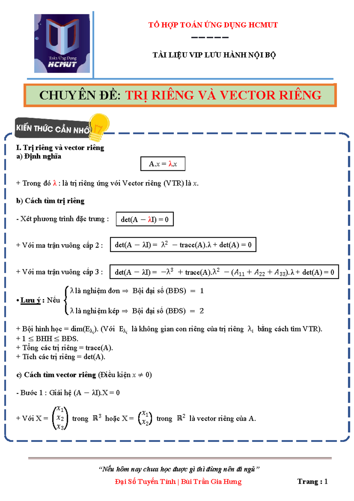 TỔ HỢP TOÁN ỨNG DỤNG HCMUT: TRỊ RIÊNG VÀ VECTOR RIÊNG - TÀI LIỆU ÔN TẬP ...