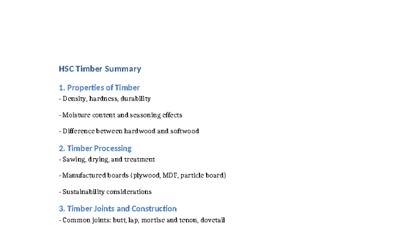 HSC Timber Summary - Wood - HSC Timber Summary 1. Properties of Timber ...