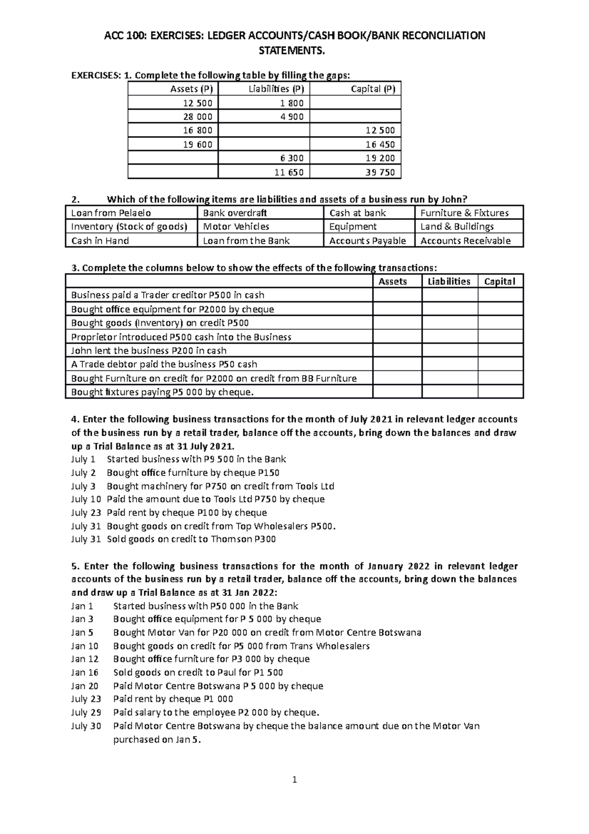 ACC 100 Cash Book and Bank Reconciliation Exercises for Practice - Studocu