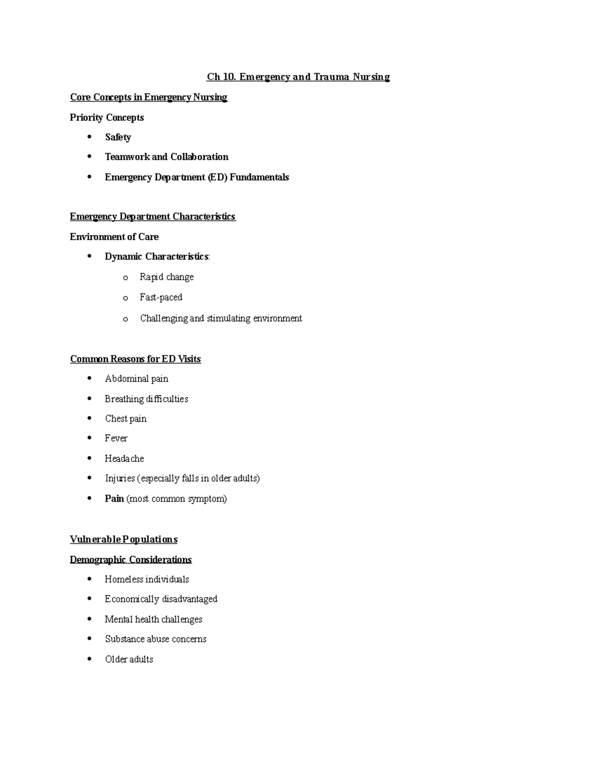 Ch 10 Personal Study Guide - Ch 10. Emergency and Trauma Nursing Core ...