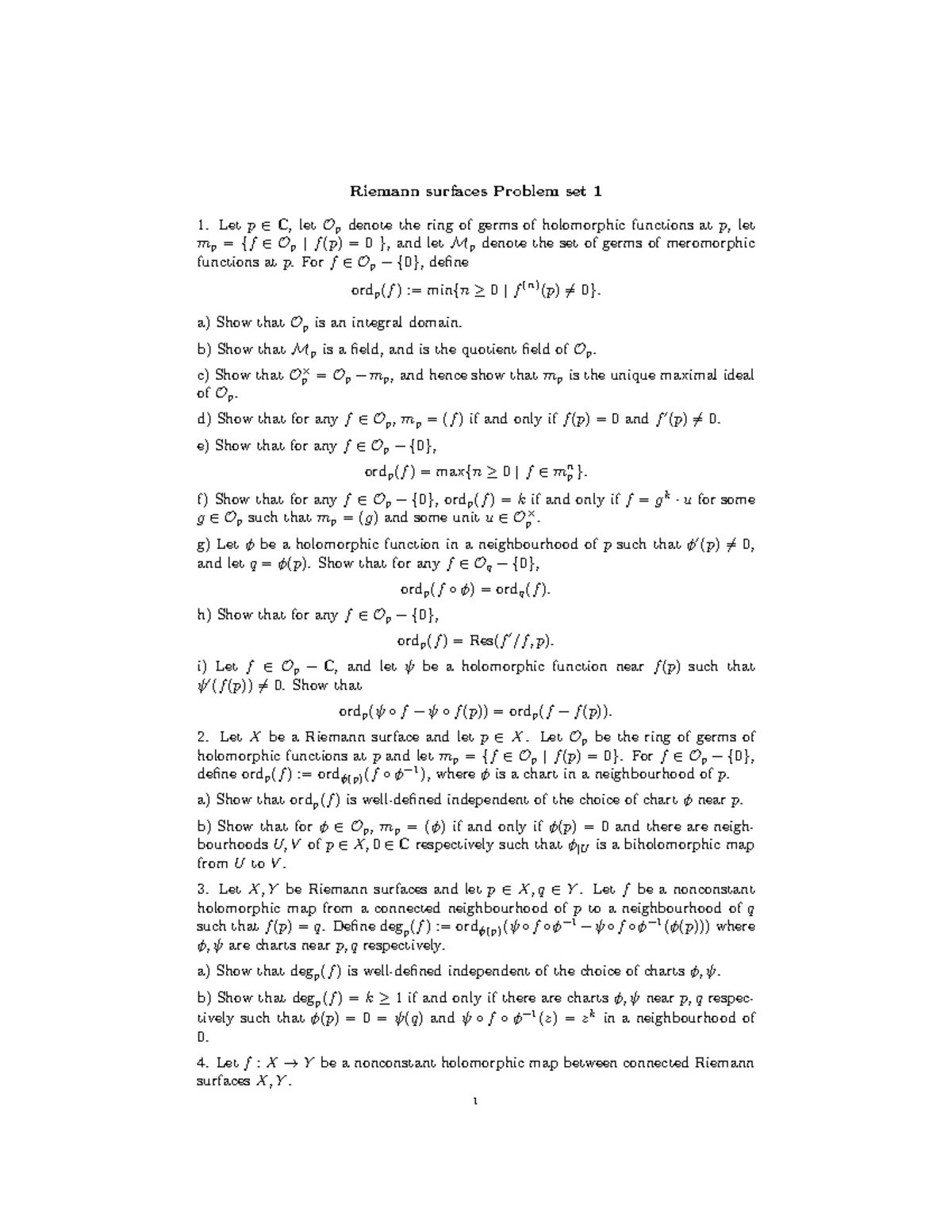 Riemann Surfaces Problem Set 1 (v2) - Comprehensive Solutions - Studocu