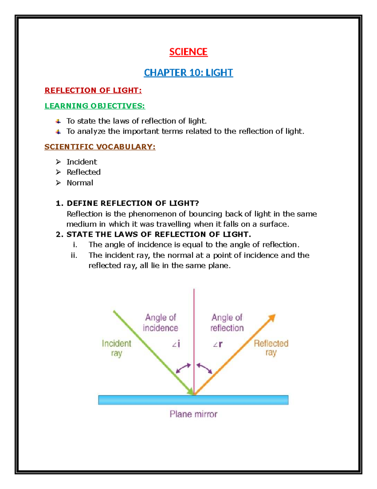 SCIENCE GRADE 8: LIGHT REFLECTION & DISPERSION NOTES - Studocu