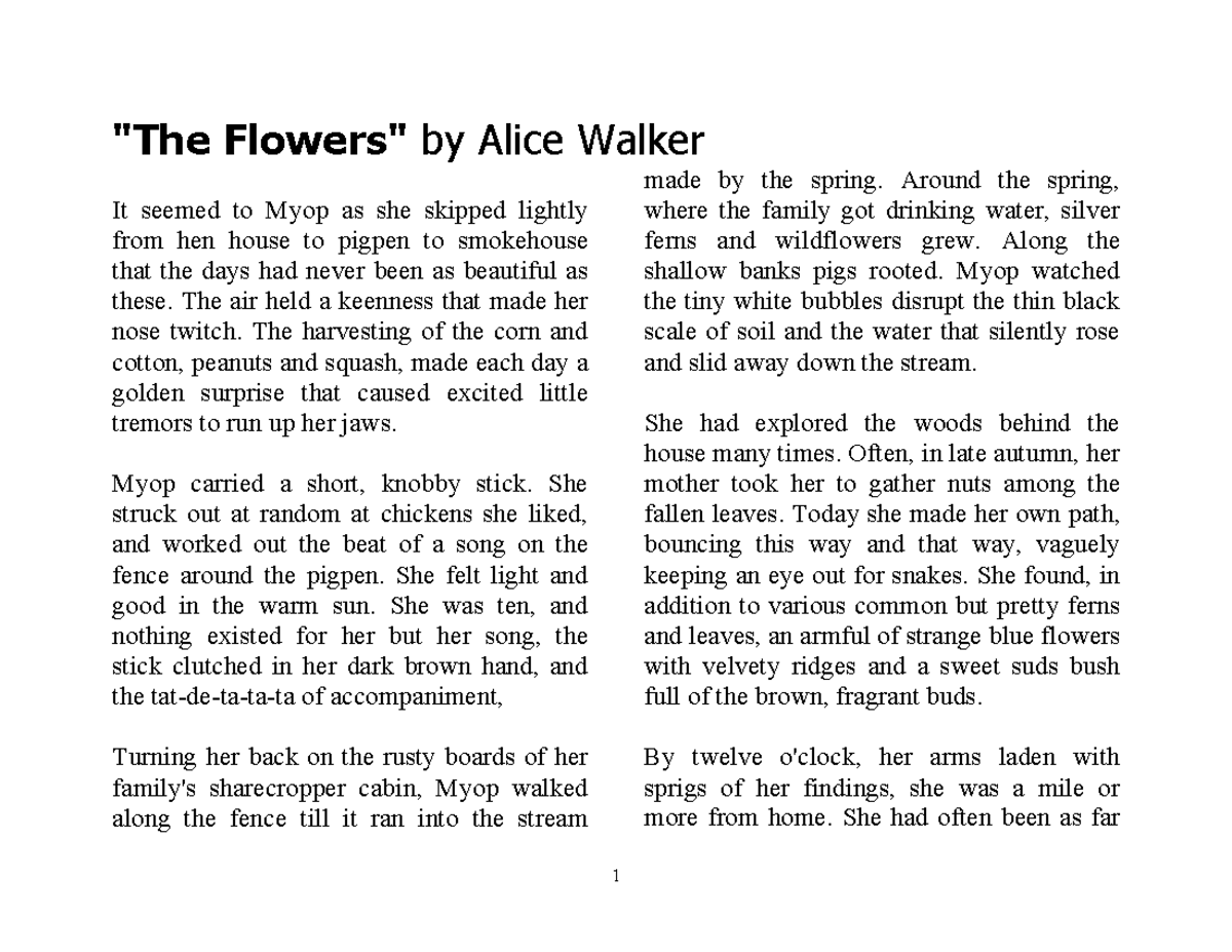 The Flowers by Alice Walker: A Journey Through Nature - Studocu